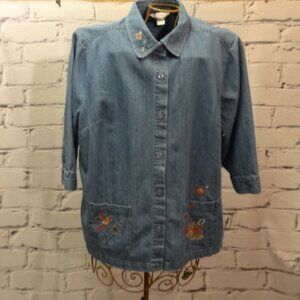 Vintage CJ Banks Blue Jean Button Down Shirt w/Embroidery